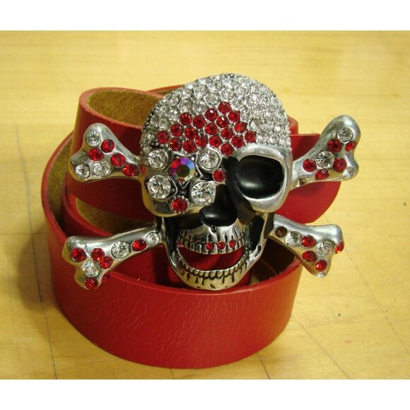 Rhinestone Skull Cross Bone Buckle Red Leather Belt Size XL 42-44 Punk Goth Rock main image 10
